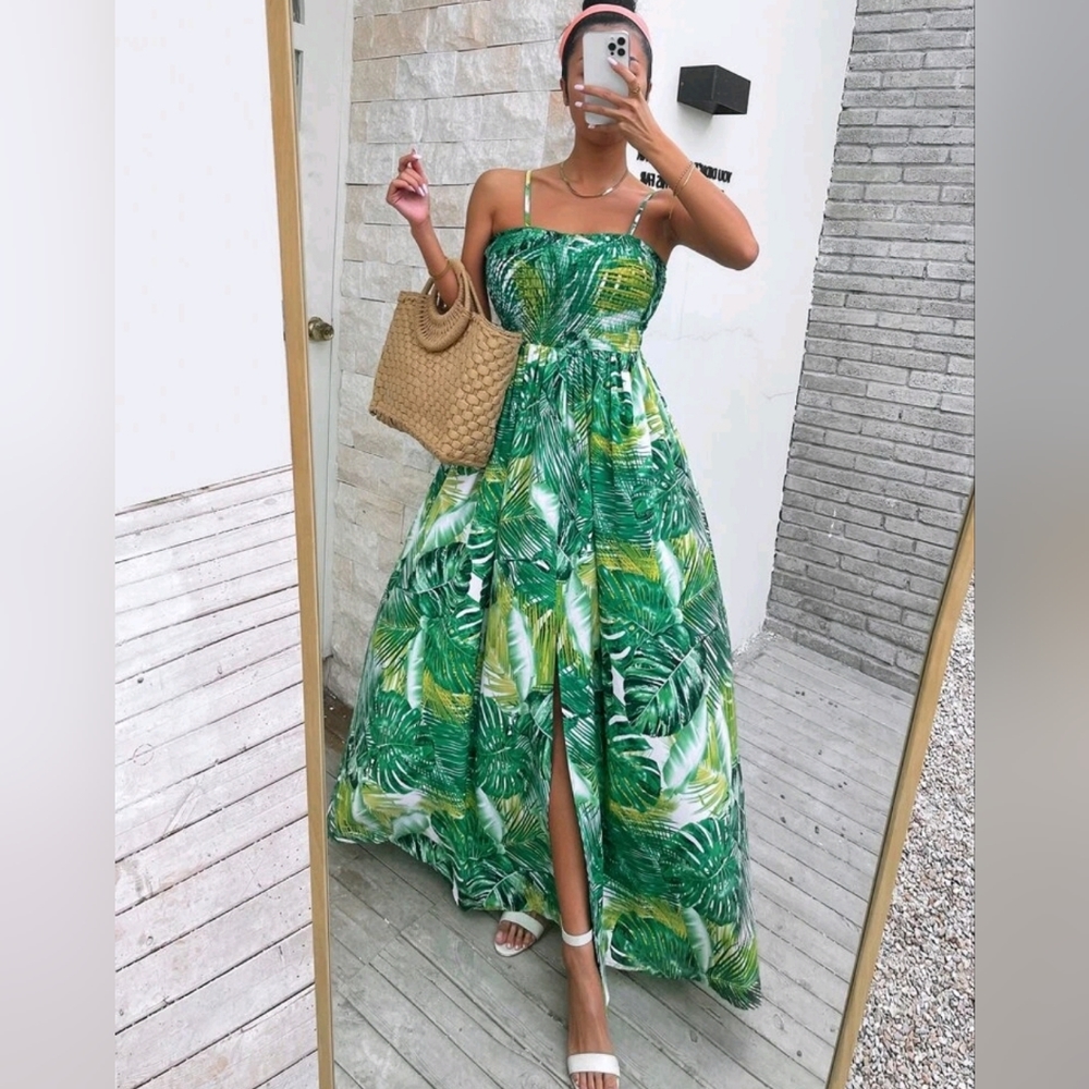 New Tropical Floral Print Maxi Stretch Cami Tube Top Dress Green Lime White - Picture 5 of 8